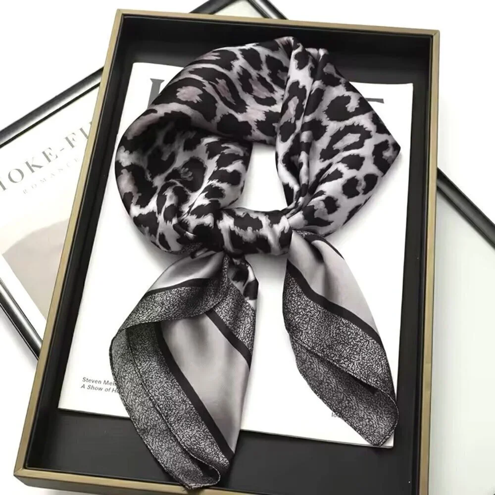 NWT Leopard Print Square Scarf Gray Silk Satin Fashion Neck Hair Accessory